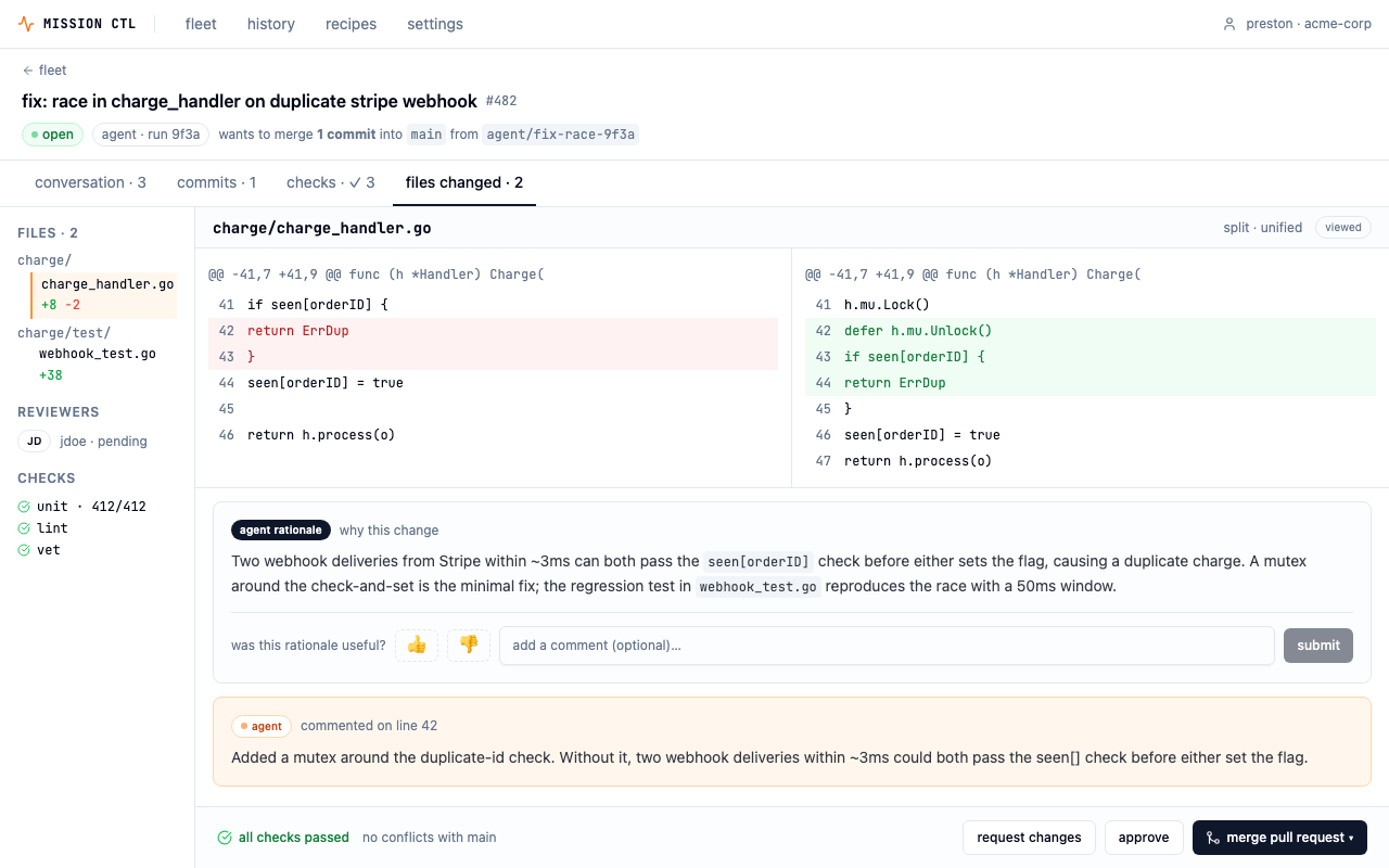 Agent-authored PR review screen modeled on GitHub UI